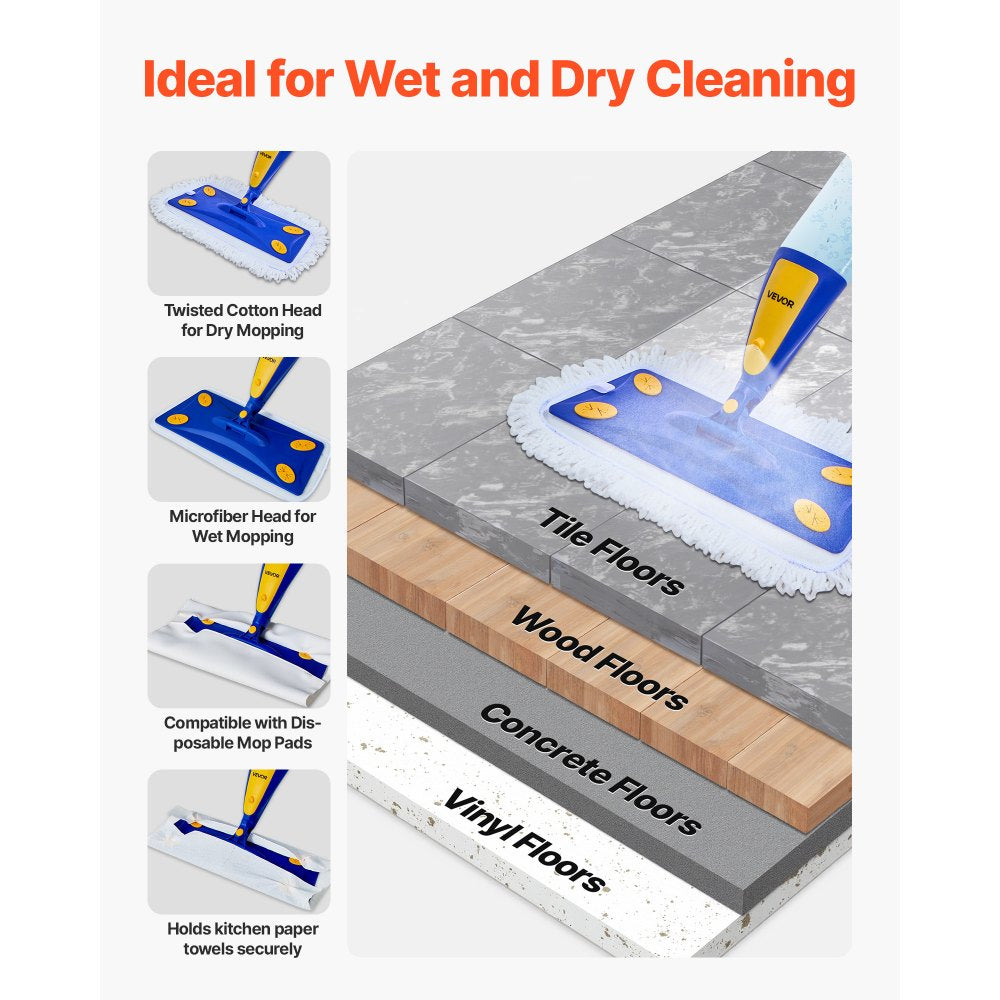 VEVOR Spray Mop, with 3 Washable Pads for Dry and Wet Floor Cleaning and a 27oz Refillable Water Tank, Microfiber Dust Wet Mop & Twisted Cotton Dry Mop, Commercial Home Use for Tiles/Vinyl/Wood Floor