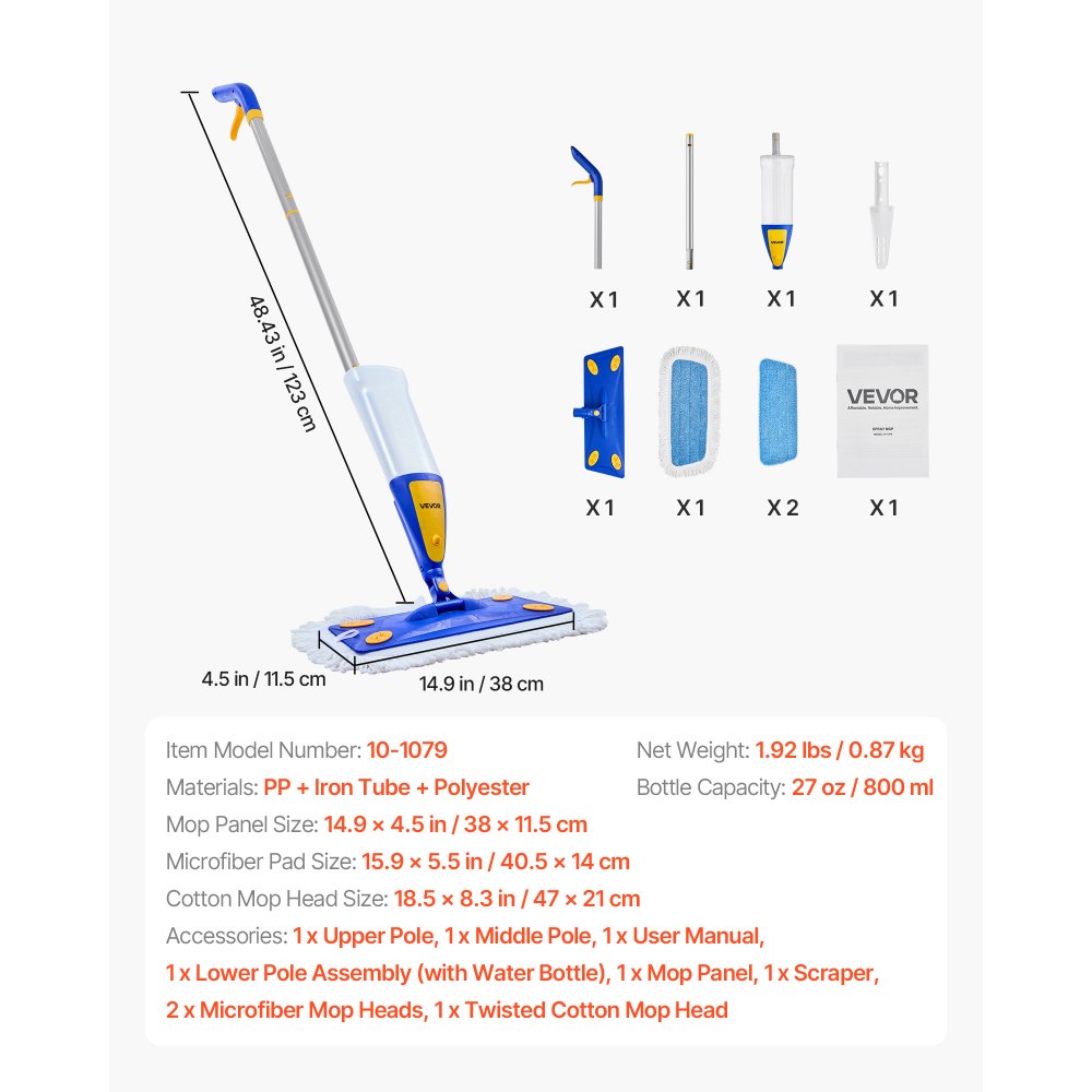 VEVOR Spray Mop, with 3 Washable Pads for Dry and Wet Floor Cleaning and a 27oz Refillable Water Tank, Microfiber Dust Wet Mop & Twisted Cotton Dry Mop, Commercial Home Use for Tiles/Vinyl/Wood Floor