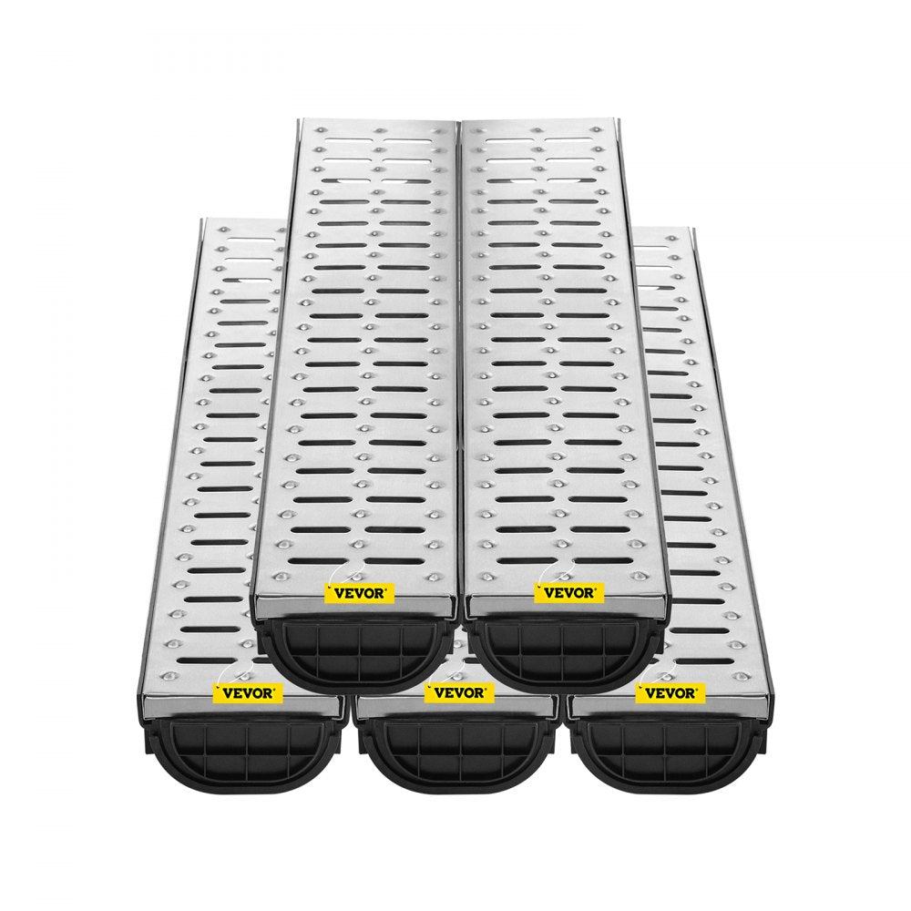 VEVOR Trench Drain System, Channel Drain with Metal Grate, 5.7x3.1-Inch HDPE Drainage Trench, Black Plastic Garage Floor Drain, 5x39 Trench Drain Grate, with 5 End Caps, for Garden, Driveway-5 Pack