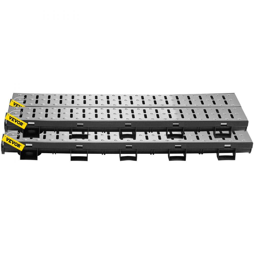 VEVOR Trench Drain System, Channel Drain with Metal Grate, 5.7x3.1-Inch HDPE Drainage Trench, Black Plastic Garage Floor Drain, 5x39 Trench Drain Grate, with 5 End Caps, for Garden, Driveway-5 Pack