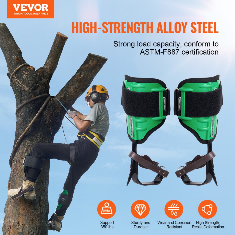 VEVOR Tree Climbing Spikes, 1 Pair Alloy Steel Climbing Spurs, 350lbs Load Capacity Tree Climbing Gear with Straps and Spike Protectors, Arborist Equipment for Climbers, Hunting, Fruit Picking, Green