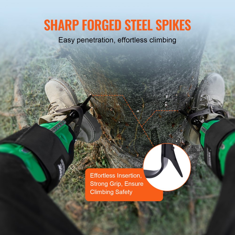 VEVOR Tree Climbing Spikes, 1 Pair Alloy Steel Climbing Spurs, 350lbs Load Capacity Tree Climbing Gear with Straps and Spike Protectors, Arborist Equipment for Climbers, Hunting, Fruit Picking, Green