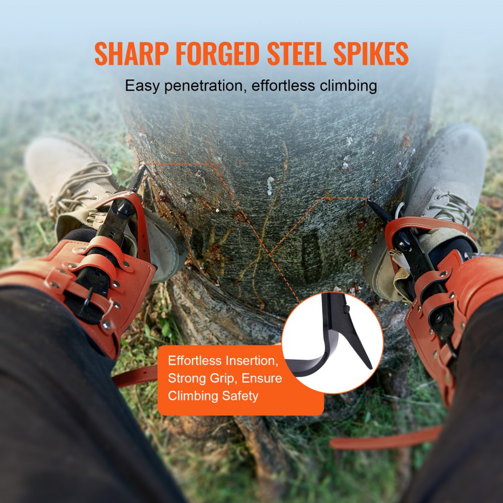 VEVOR Tree Climbing Spikes, 1 Pair Alloy Steel Climbing Spurs, 350lbs Load Capacity Tree Climbing Gear with Straps and Spike Protectors, Arborist Equipment for Climbers, Hunting, Fruit Picking, Orange