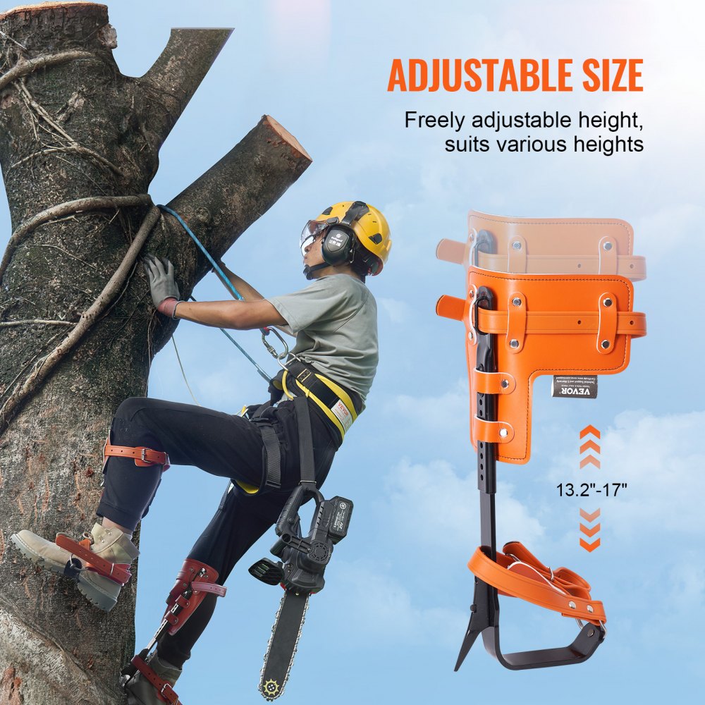 VEVOR Tree Climbing Spikes Set, 1 Pair Alloy Steel Climbing Spurs with Safety Rope and Safety Harness, 350lbs Load Capacity Tree Climbing Gear, Arborist Equipment for Climbers, Fruit Picking, Orange