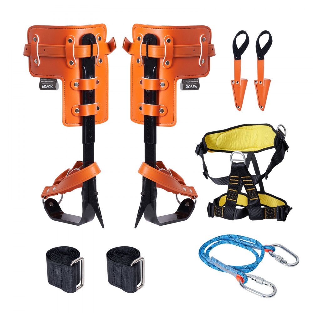 VEVOR Tree Climbing Spikes Set, 1 Pair Alloy Steel Climbing Spurs with Safety Rope and Safety Harness, 350lbs Load Capacity Tree Climbing Gear, Arborist Equipment for Climbers, Fruit Picking, Orange