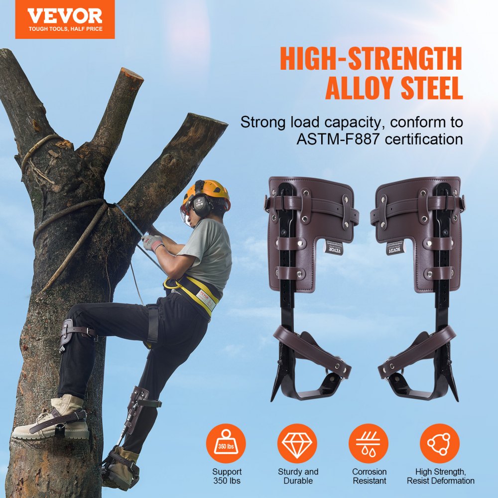 VEVOR Tree Climbing Spikes, 1 Pair Alloy Steel Climbing Spurs, 350lbs Load Capacity Tree Climbing Gear with Straps and Spike Protectors, Arborist Equipment for Climbers, Hunting, Fruit Picking, Brown