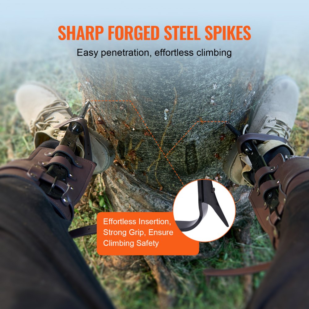 VEVOR Tree Climbing Spikes, 1 Pair Alloy Steel Climbing Spurs, 350lbs Load Capacity Tree Climbing Gear with Straps and Spike Protectors, Arborist Equipment for Climbers, Hunting, Fruit Picking, Brown