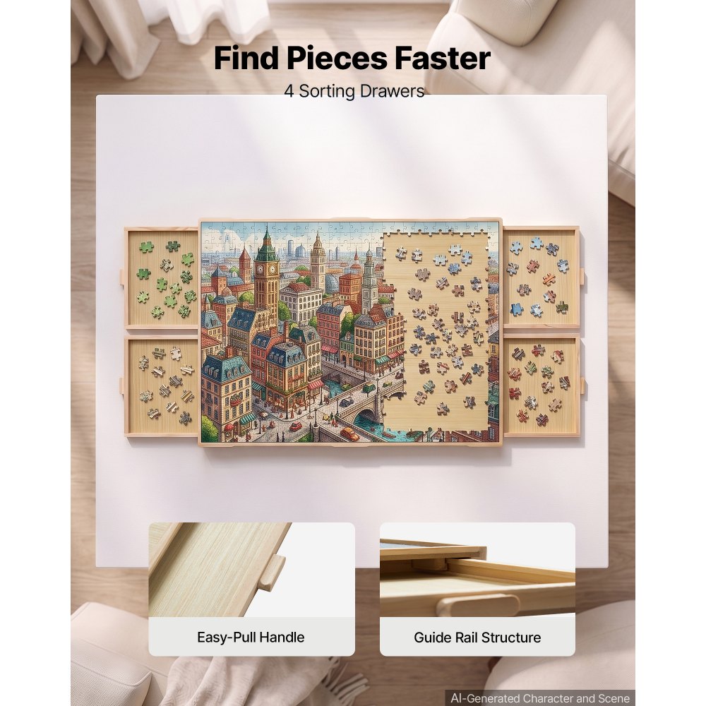 VEVOR 1500 Piece Rotating Puzzle Board with 4 Drawers and Cover, 34x25 in, Birthday Gift for Mom, Portable Wooden Table, 360° Rotation Jigsaw Accessories for Adult, Puzzle Organizer Storage System