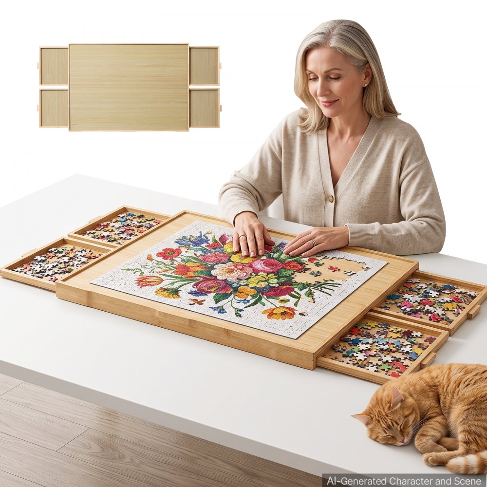 VEVOR 1500 Piece Rotating Puzzle Board with 4 Drawers and Cover, 34x25 in, Birthday Gift for Mom, Portable Wooden Table, 360° Rotation Jigsaw Accessories for Adult, Puzzle Organizer Storage System