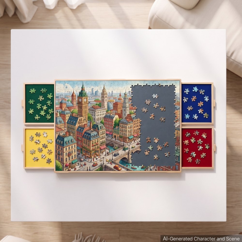 VEVOR 1500 Piece 2-in-1 Tilting & Rotating Puzzle Board 4 Drawers 34x25 in, Portable Wooden Table with Colorful Felt Drawer and Cover, 360° Rotation Puzzles Storage Jigsaw Accessories for Adult