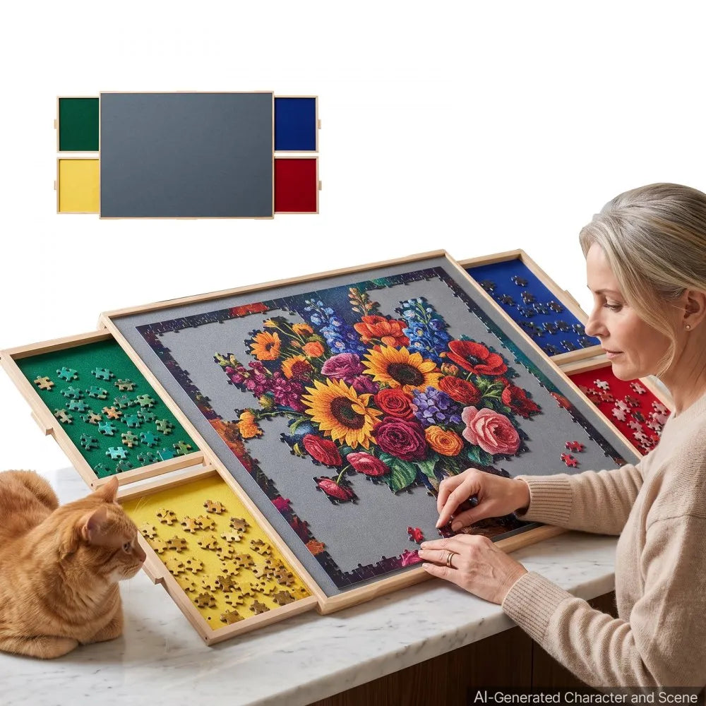 Vevor Puzzle Board 1500-Piece Tilting & Rotating Wooden Table with 4 Drawers 34