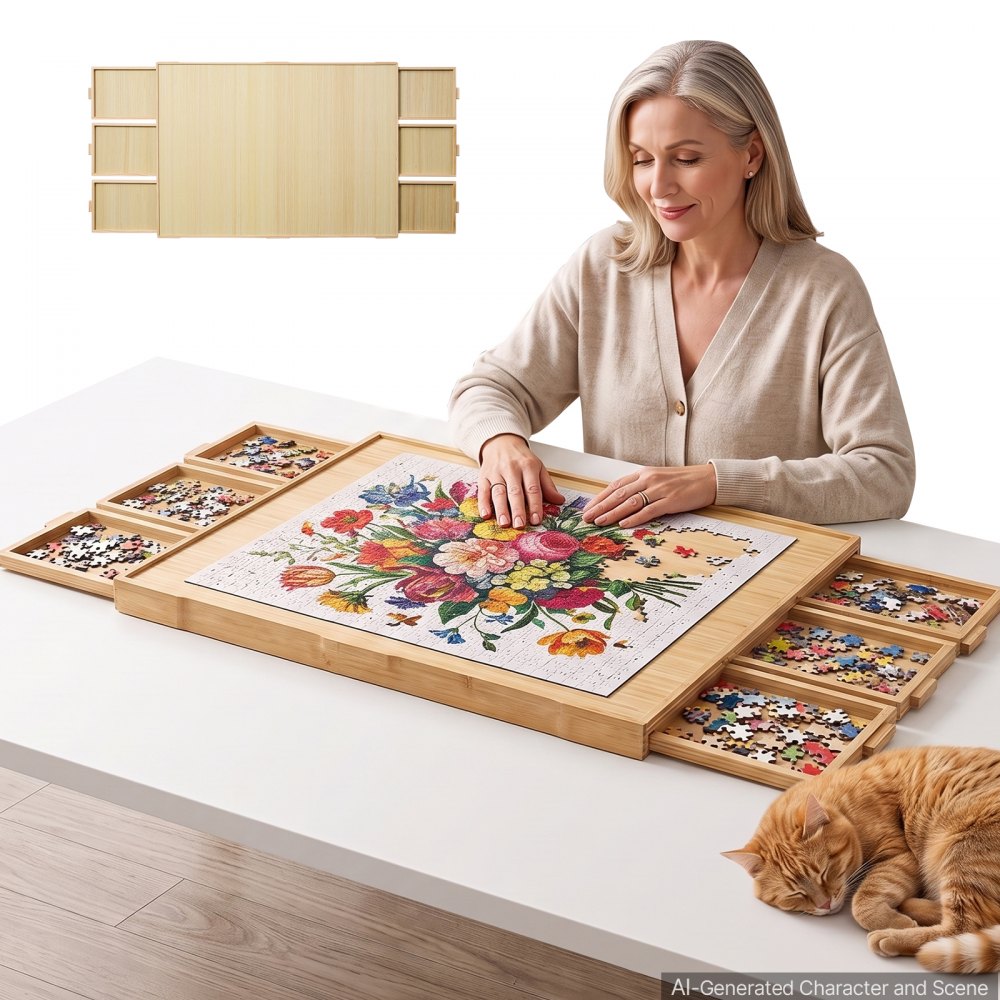 Vevor Puzzle Board Rotating 2000 Piece Wooden Organizer with 6 Drawers and Cover 40