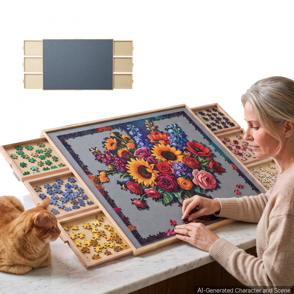 Vevor Puzzle Board 2000 Piece Rotating Wooden Table with 6 Drawers and Cover 40x29