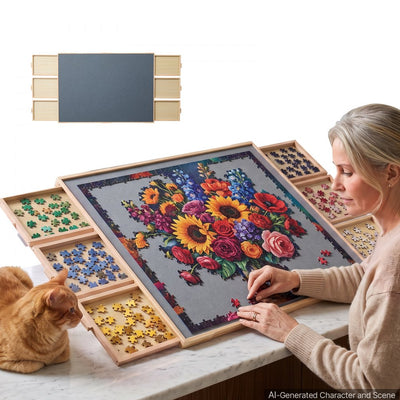 Vevor Puzzle Board 2000 Piece Rotating Wooden Table with 6 Drawers and Cover 40x29