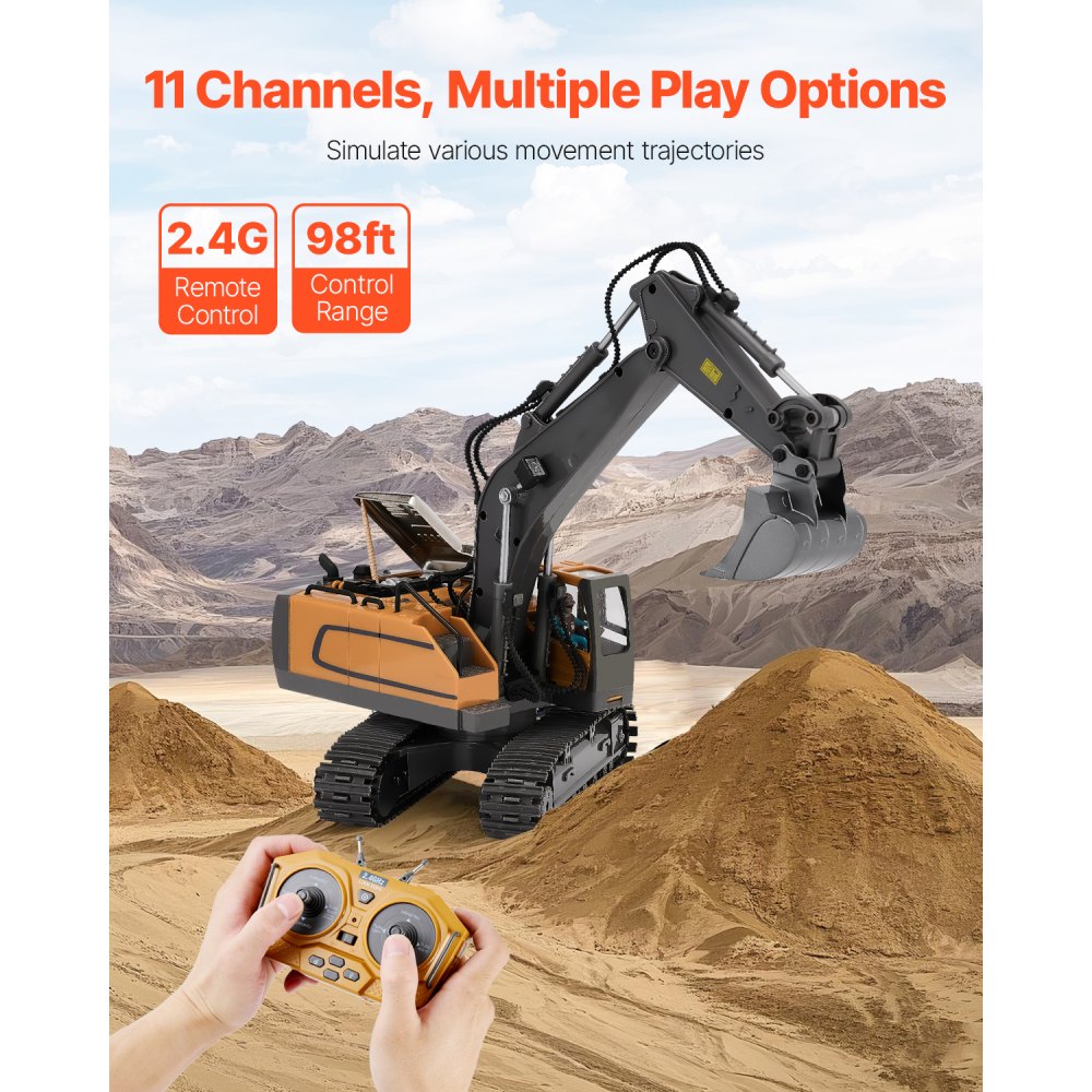 VEVOR Remote Control Excavator Toy, 11 Channel, 1:20 Scale Remote Control Digger Toy, RC Excavator with Lights & Sounds, Full Functional Construction Vehicles for Kids, 2 Batteries, Birthday Present