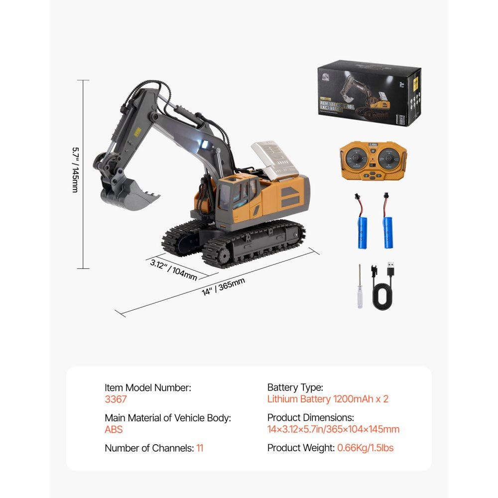 VEVOR Remote Control Excavator Toy, 11 Channel, 1:20 Scale Remote Control Digger Toy, RC Excavator with Lights & Sounds, Full Functional Construction Vehicles for Kids, 2 Batteries, Birthday Present