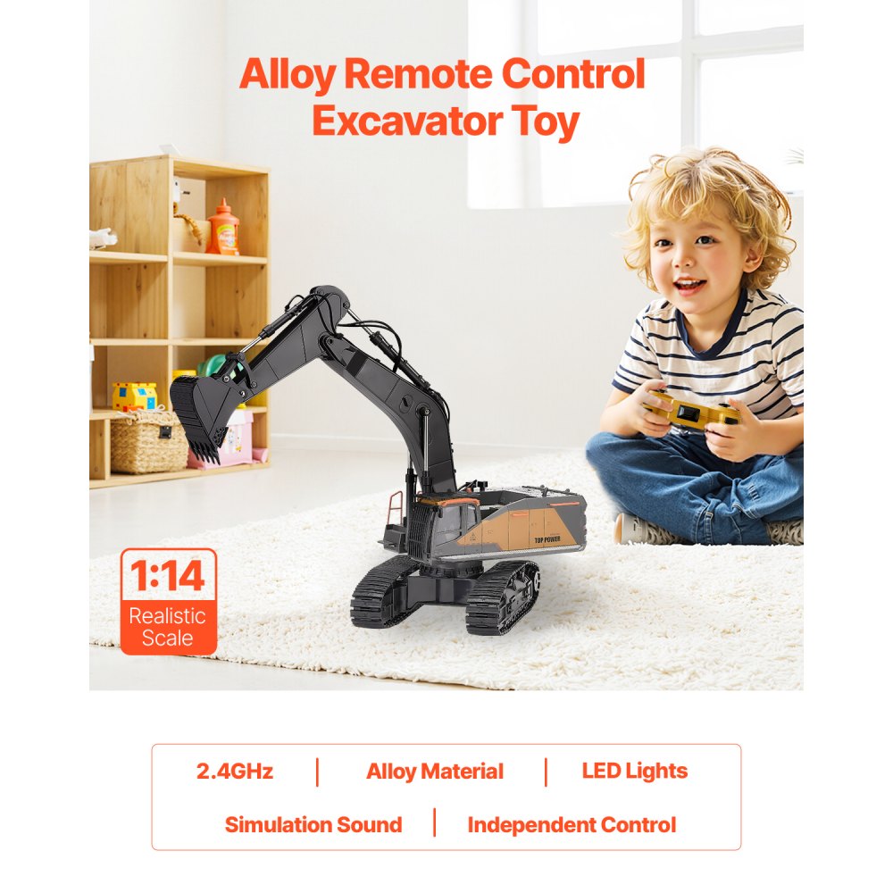 VEVOR Remote Control Excavator Toy, 22 Channel, 1:14 Scale Remote Control Digger with Metal Shovel, RC Excavator with Lights & Sounds, Full Functional Construction Vehicles for Kids, Birthday Present