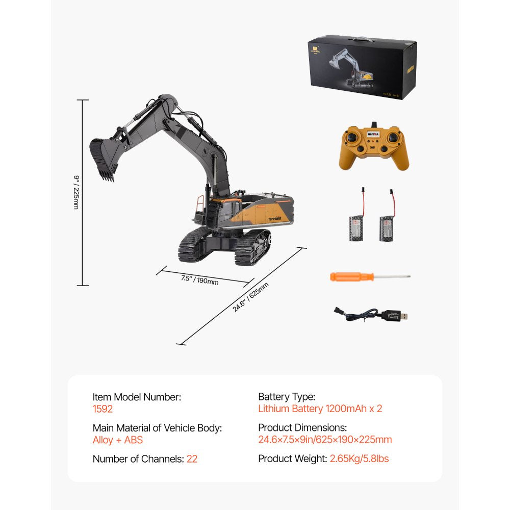 VEVOR Remote Control Excavator Toy, 22 Channel, 1:14 Scale Remote Control Digger with Metal Shovel, RC Excavator with Lights & Sounds, Full Functional Construction Vehicles for Kids, Birthday Present