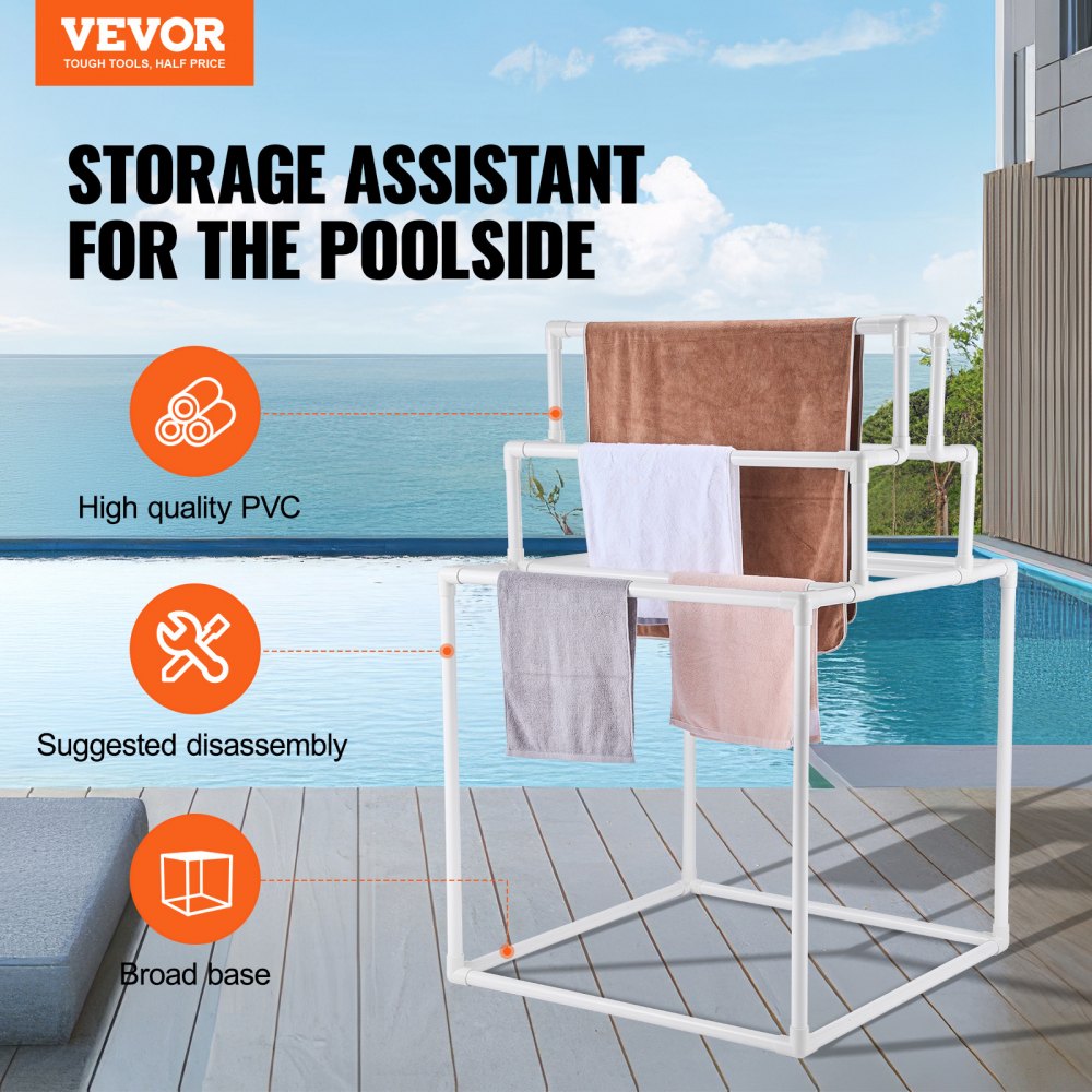 VEVOR Towel Rack, 8 Bars Outdoor PVC Towel Holder, Freestanding Pool Towel Hanger Stand Next to Hot Tub, Outdoor Indoor Quilt Drying Rack Organizer, Ideal for Poolside, Bathroom, Spa, White