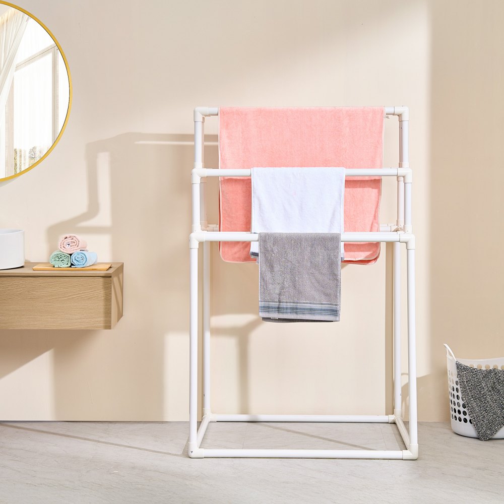 VEVOR Towel Rack, 8 Bars Outdoor PVC Towel Holder, Freestanding Pool Towel Hanger Stand Next to Hot Tub, Outdoor Indoor Quilt Drying Rack Organizer, Ideal for Poolside, Bathroom, Spa, White