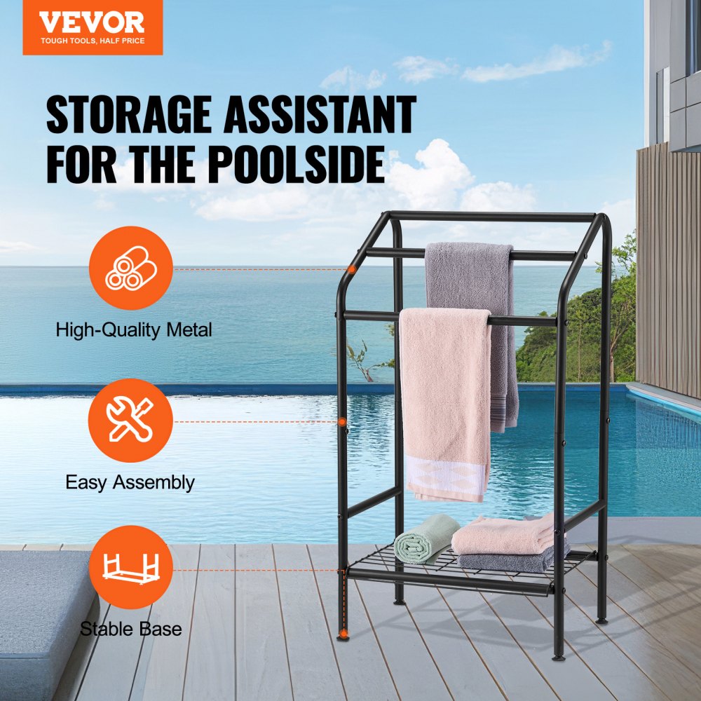 VEVOR Towel Rack, 3 Bars Outdoor Towel Holder with Metal Base, Freestanding Pool Towel Hanger Stand Next to Hot Tub, Outdoor Indoor Quilt Drying Rack Organizer, Ideal for Pool, Bathroom, Spa, Black