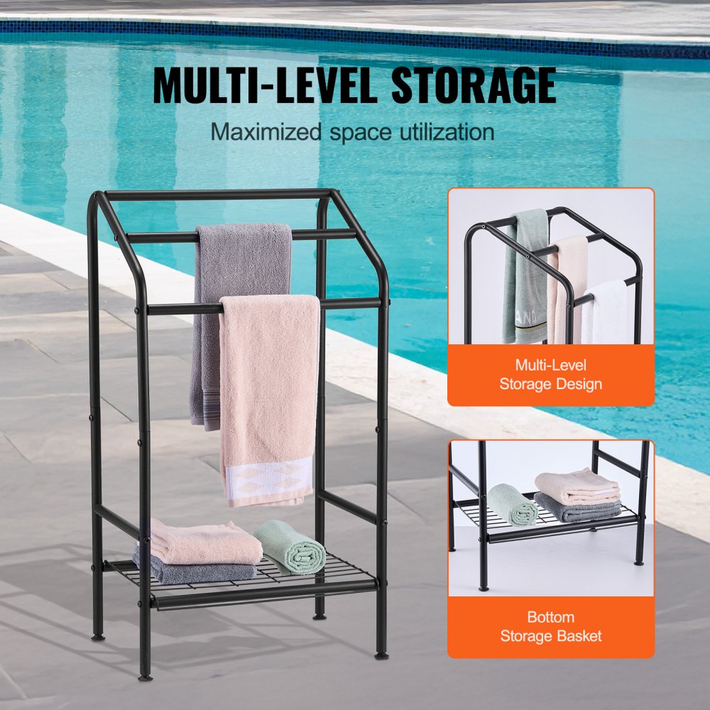 VEVOR Towel Rack, 3 Bars Outdoor Towel Holder with Metal Base, Freestanding Pool Towel Hanger Stand Next to Hot Tub, Outdoor Indoor Quilt Drying Rack Organizer, Ideal for Pool, Bathroom, Spa, Black