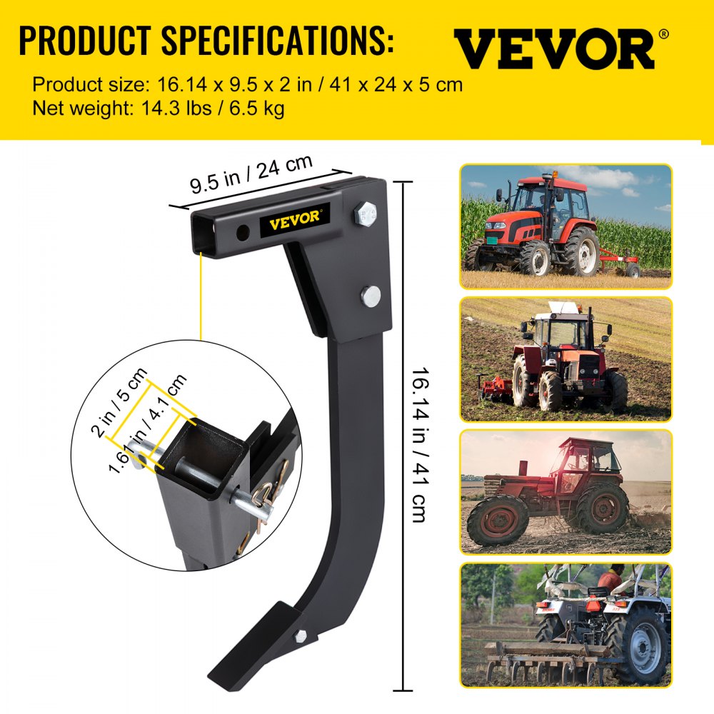 VEVOR Hitch Mounted Ripper, 16\" Shank Length Box Scraper Shank, 4 Hole Site Box Blade for Tractor, 2 Locating Pins Ripper Shank, 2 Plough Tips Box Blade Shank Teeth