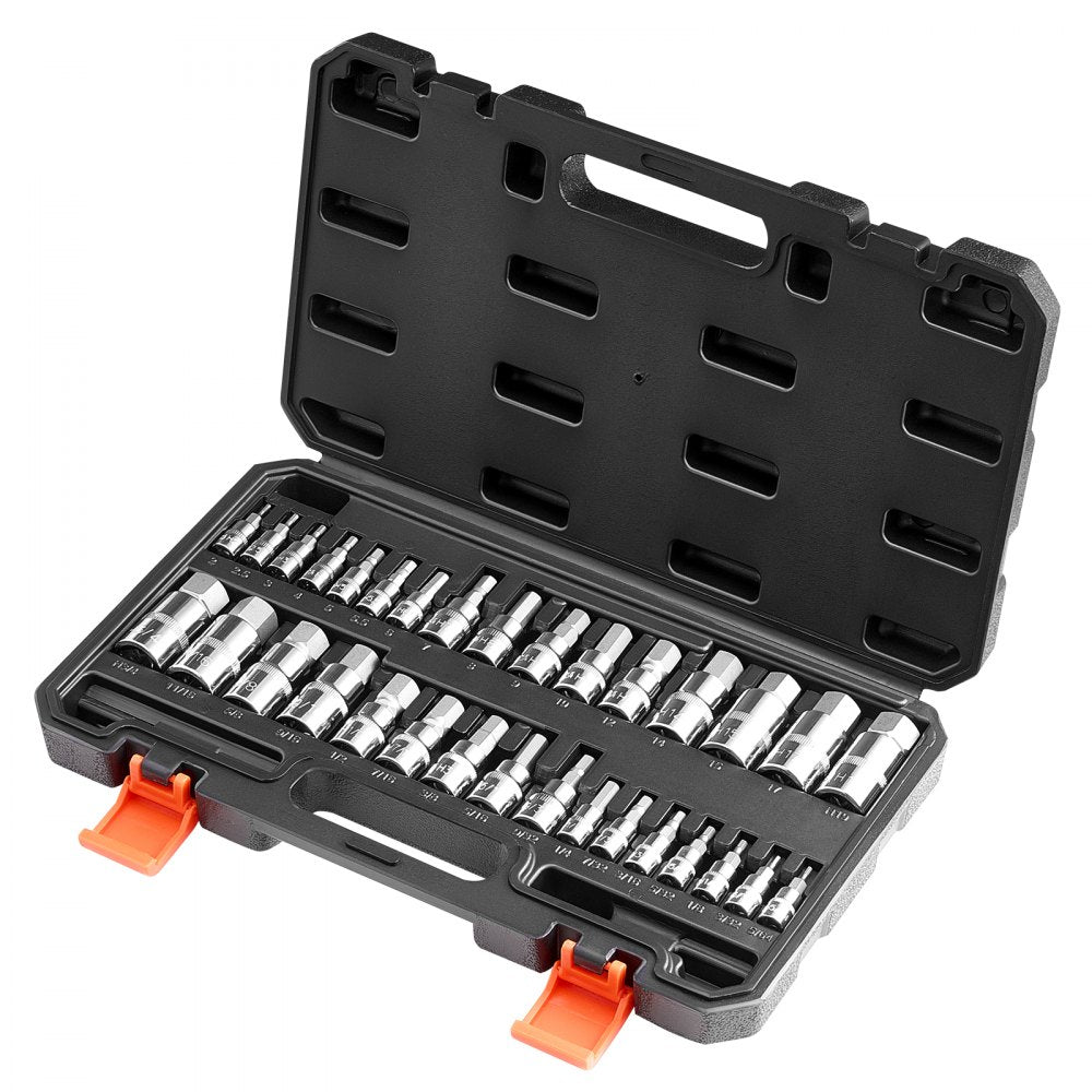VEVOR Hex Bit Socket Set, 32-Piece, S2 Alloy Steel and Cr-V Steel, Standard SAE and Metric, 1/4 in, 3/8 in, and 1/2 in Drives, with Enhanced Storage Case, Allen Socket Set for Mechanics, Auto Repair