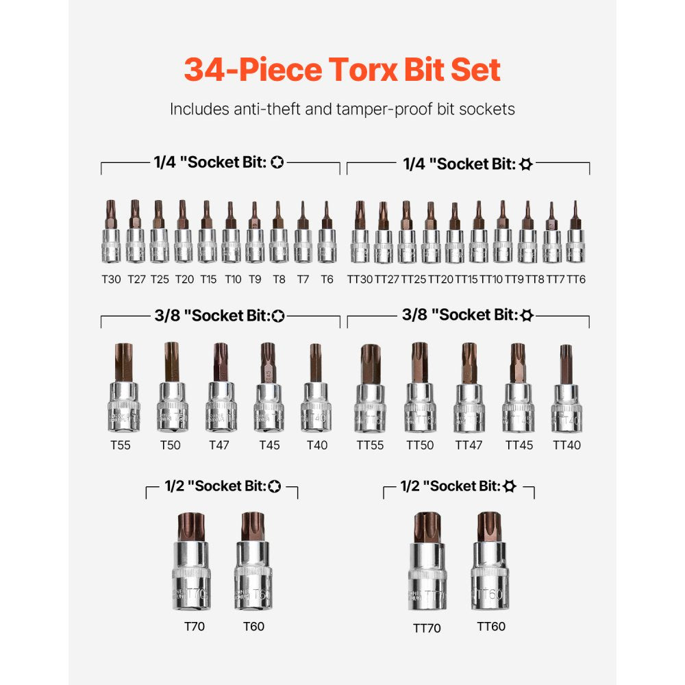 VEVOR Torx Bit Socket Set, 34-Piece Solid Star and Tamper Proof T6-T70, S2 Alloy Steel and Cr-V Steel, 1/4 in, 3/8 in, and 1/2 in Drives, with Enhanced Storage Case, Torx Sockets for Hand Use