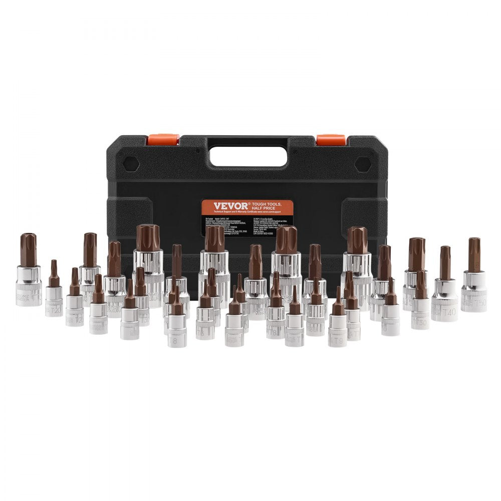 VEVOR Torx Bit Socket Set, 34-Piece Solid Star and Tamper Proof T6-T70, S2 Alloy Steel and Cr-V Steel, 1/4 in, 3/8 in, and 1/2 in Drives, with Enhanced Storage Case, Torx Sockets for Hand Use