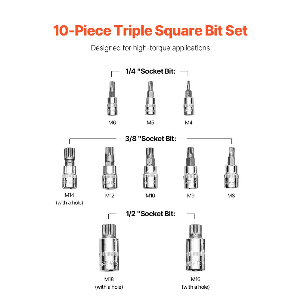 VEVOR XZN Triple Square Spline Bit Socket Set, 10-Piece M4 - M18, Premium Cr-V Steel, 1/4 in, 3/8 in, and 1/2 in Drives, with Enhanced Storage Case, Triple Square Socket Set for Hand Use, Automotive