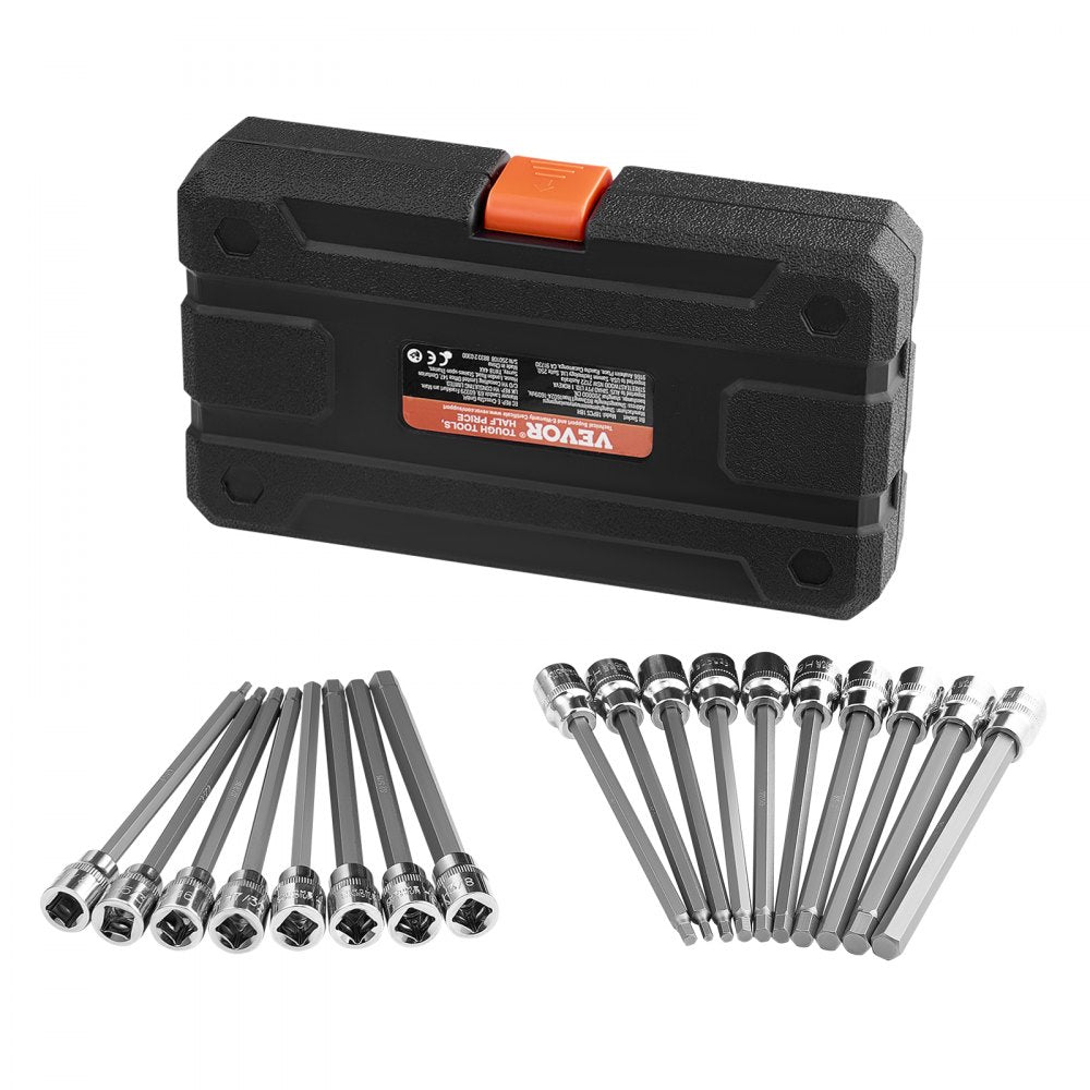 VEVOR Extra Long Allen Hex Bit Socket Set, 18-Piece 3/8 inch Drive, S2 Alloy Steel and Cr-V Steel, Standard SAE and Metric 1/8-Inch-3/8-Inch, 3-12mm, with Enhanced Storage Case, for Mechanics