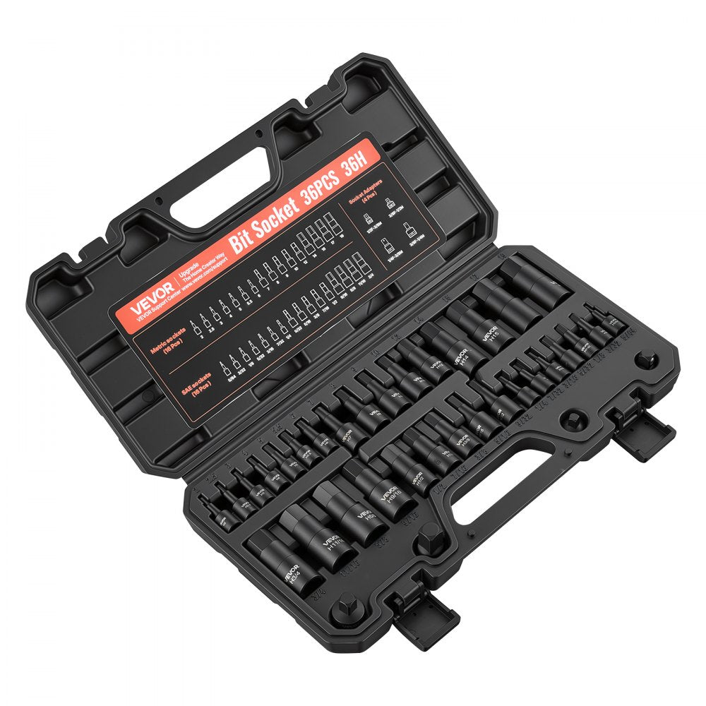 VEVOR Hex Bit Socket Set 36-Piece 1/4" 3/8" 1/2" Drive Hex Bit Sockets, for Auto Repair Mechanical Maintenance, SAE and Metric CR-V Steel Sockets with 4 Adapters, Storage Case, and Clear Markings
