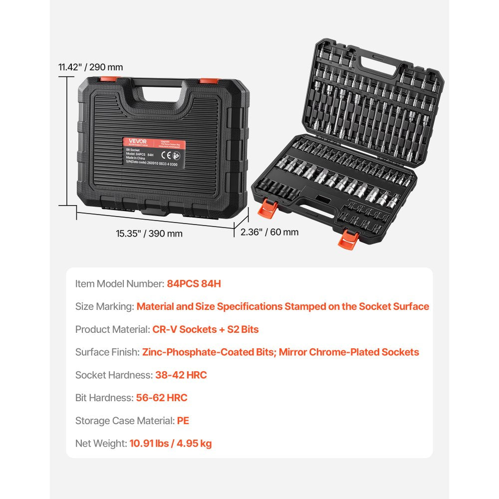 VEVOR Hex Bit Socket Set 84-Piece 1/4" 3/8" 1/2" Drive Hex Torx E-Torx, for Auto Repair Mechanical Maintenance, SAE and Metric, S2 Alloy & CR-V Steel with Portable Storage Case, Clear Markings
