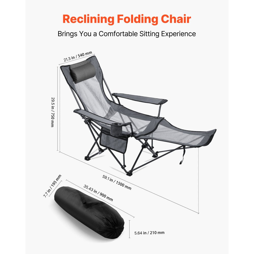 VEVOR Reclining Camping Chair, 4 Adjustable Positions, Portable Folding Lounger for Adults, Mesh Beach Chair with Headrest & Foot Rest, Supports 220 lbs, Heavy Duty Camp Chairs for Patio, Gray