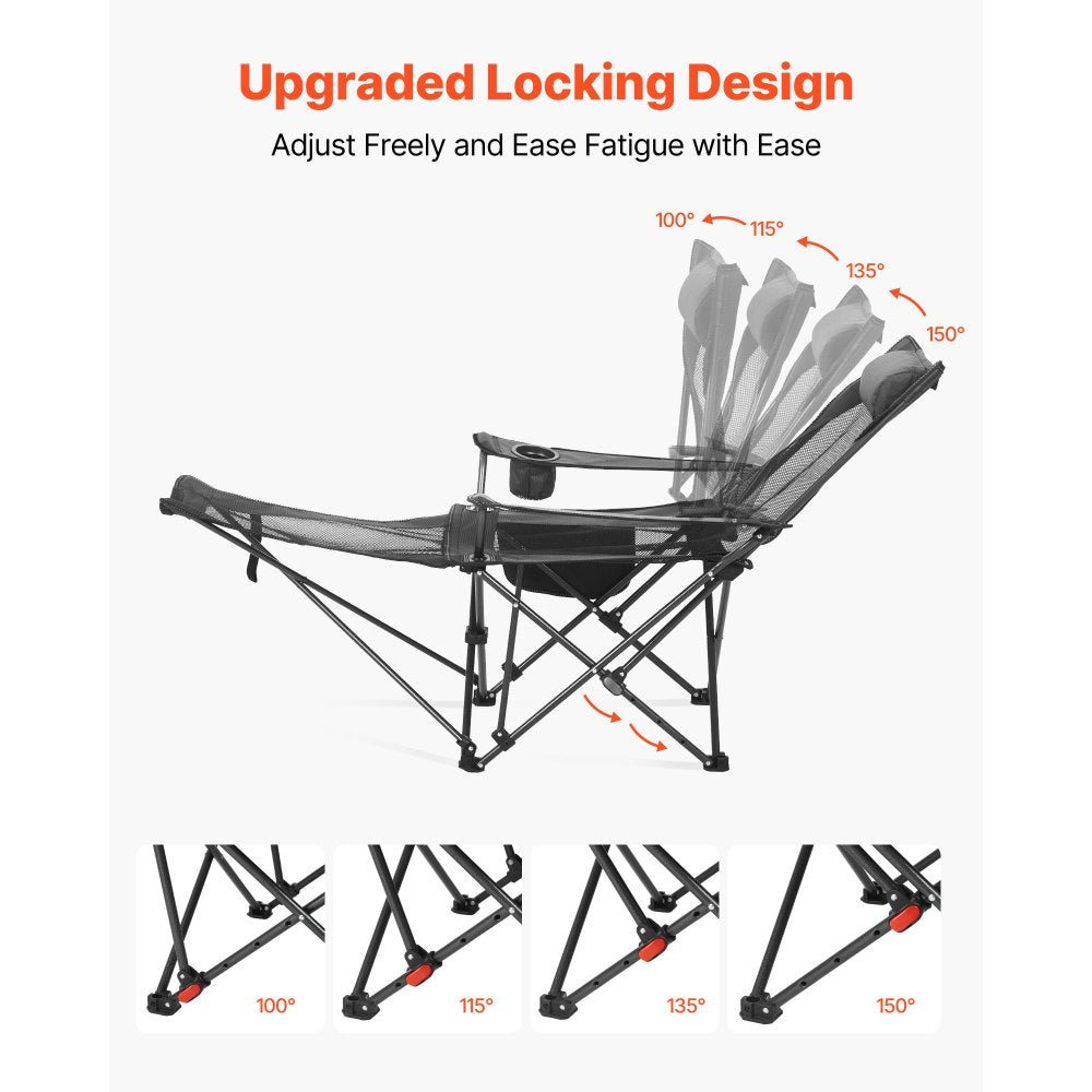 VEVOR Reclining Camping Chair, 4 Adjustable Positions, Portable Folding Lounger for Adults, Mesh Beach Chair with Headrest & Foot Rest, Supports 220 lbs, Heavy Duty Camp Chairs for Patio, Gray