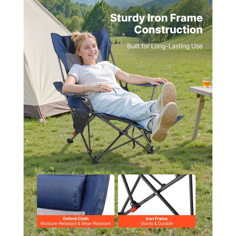 VEVOR Reclining Camping Chair, 4 Adjustable Positions, Portable Folding Lounger for Adults, Mesh Beach Chair with Headrest & Foot Rest, Supports 220 lbs, Heavy Duty Camp Chairs for Patio, Blue