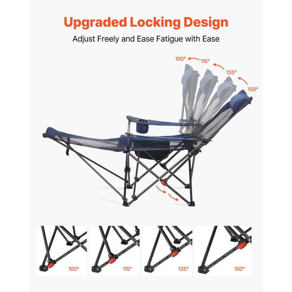 VEVOR Reclining Camping Chair, 4 Adjustable Positions, Portable Folding Lounger for Adults, Mesh Beach Chair with Headrest & Foot Rest, Supports 220 lbs, Heavy Duty Camp Chairs for Patio, Blue