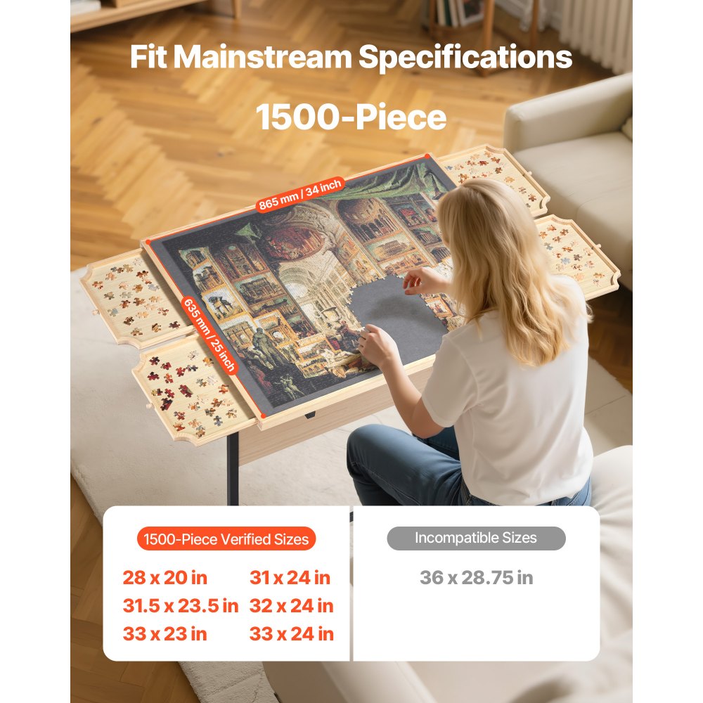 VEVOR 1500 Piece Puzzle Table with Legs, 4 Drawers and Cover, 34x25 in Portable Wooden Board with Wheels, Jigsaw Puzzle Accessories for Adults, Adjustable Height & 5-Tilting-Angle, Gift for Mom