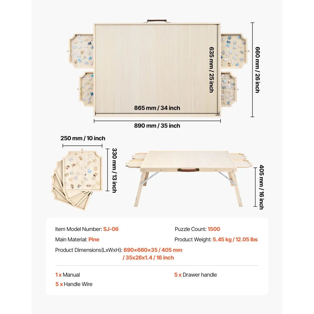 VEVOR 1500 Piece Puzzle Table with Folding Legs, 4 Drawers and Cover, 34x25 in Portable Wooden Board, Jigsaw Puzzle Accessories for Adults, Puzzle Organizer & Storage System, Birthday Gift for Mom