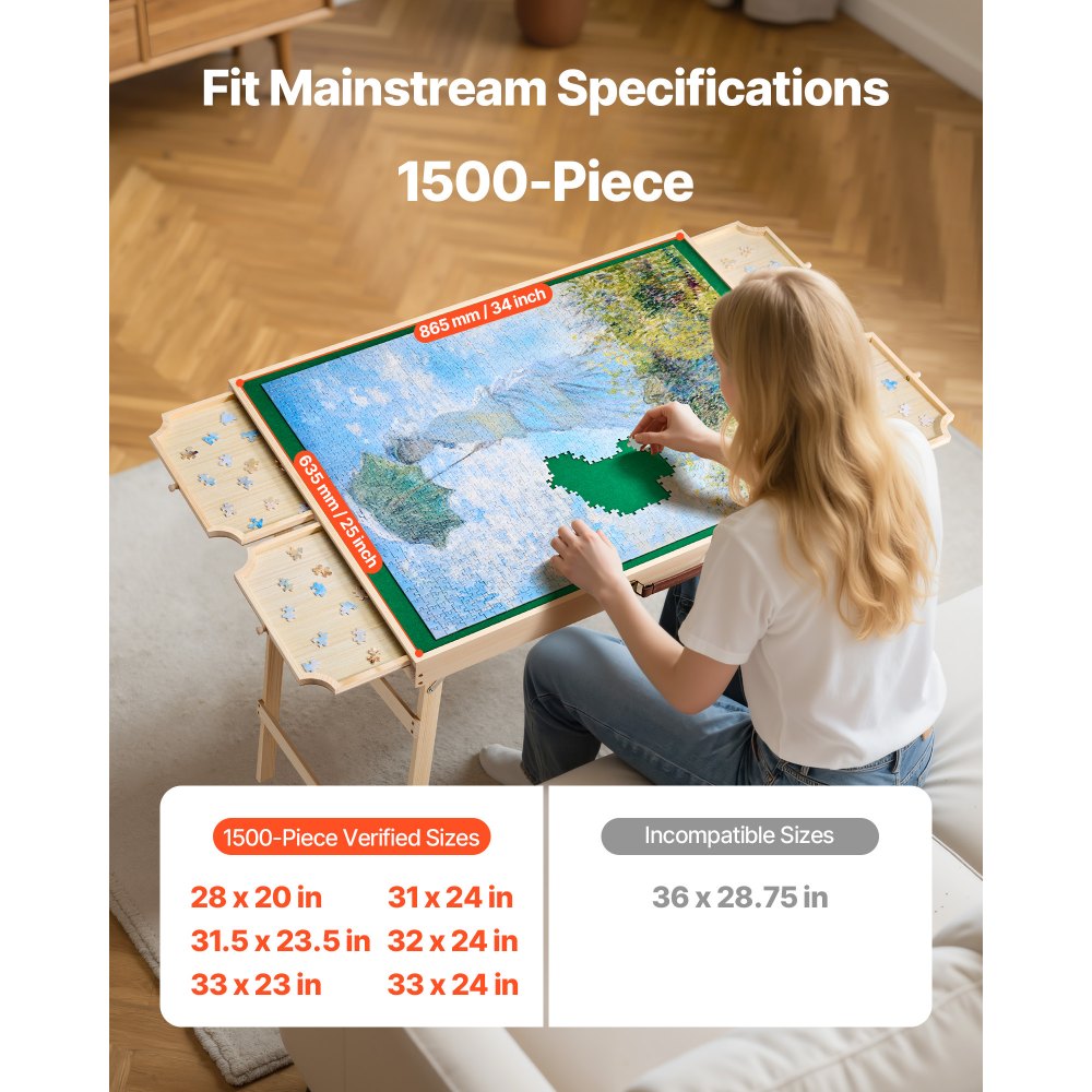 VEVOR 1500 Piece Puzzle Table with Folding Legs, 4 Drawers and Cover, 34x25 in Portable Wooden Board, Felt Surface Jigsaw Puzzle Accessories for Adults, Adjustable 6-Tilting-Angle, Gift for Mom