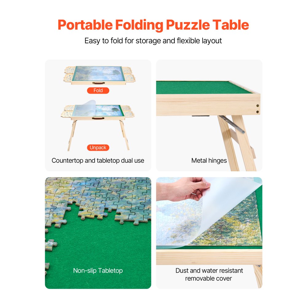 VEVOR 1500 Piece Puzzle Table with Folding Legs, 4 Drawers and Cover, 34x25 in Portable Wooden Board, Felt Surface Jigsaw Puzzle Accessories for Adults, Adjustable 6-Tilting-Angle, Gift for Mom