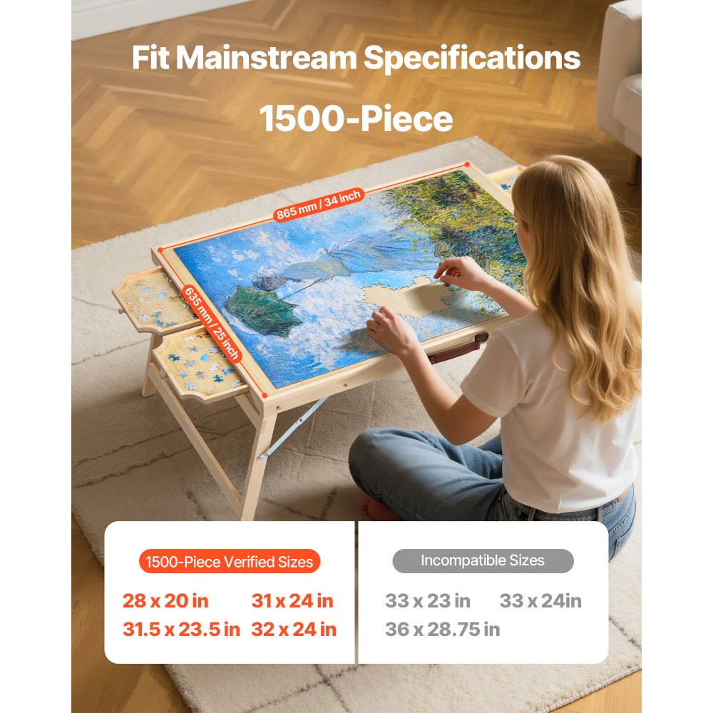 VEVOR 1500 Piece Puzzle Table with Folding Legs, 4 Drawers and Cover, 34x25 in Portable Wooden Board, Felt Surface Jigsaw Puzzle Accessories for Adults, Adjustable 6-Tilting-Angle, Gift for Mom