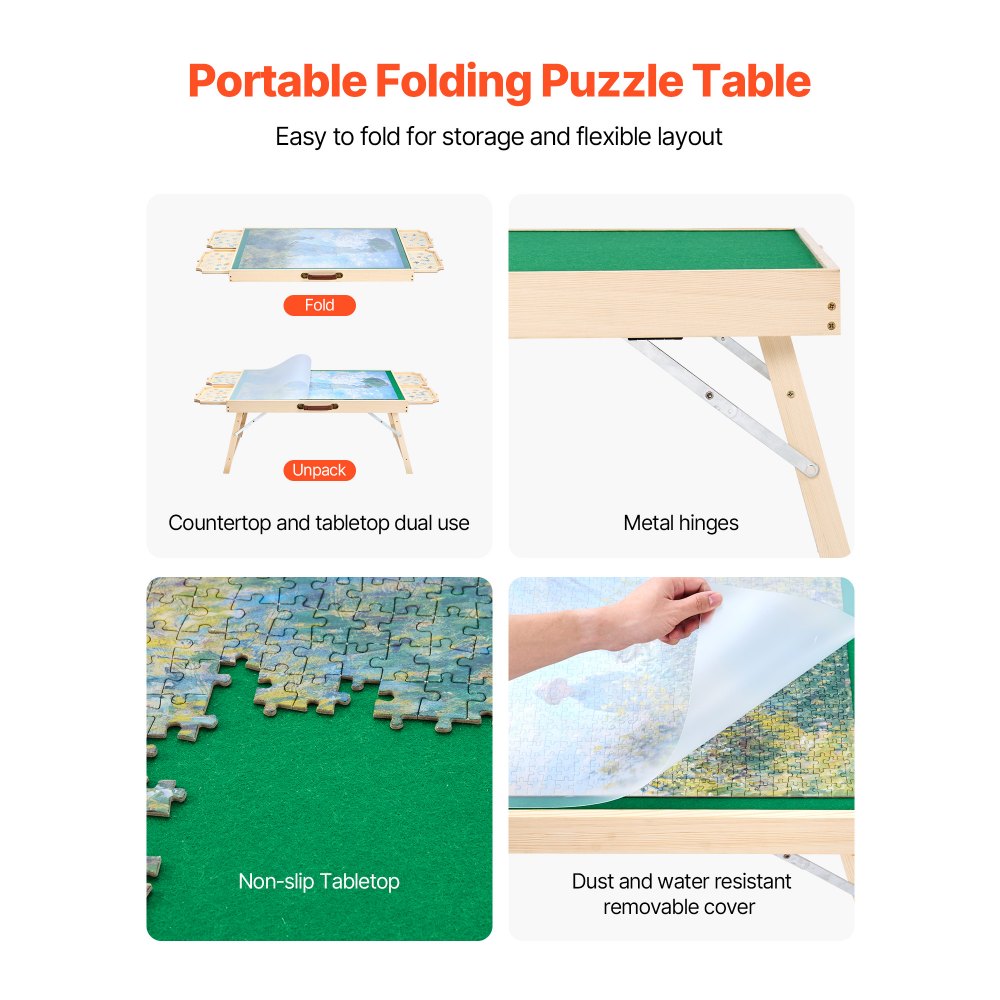 VEVOR 1500 Piece Puzzle Table with Folding Legs, 4 Drawers and Cover, 34x25 in Portable Wooden Board, Felt Surface Jigsaw Puzzle Accessories for Adults, Adjustable 6-Tilting-Angle, Gift for Mom
