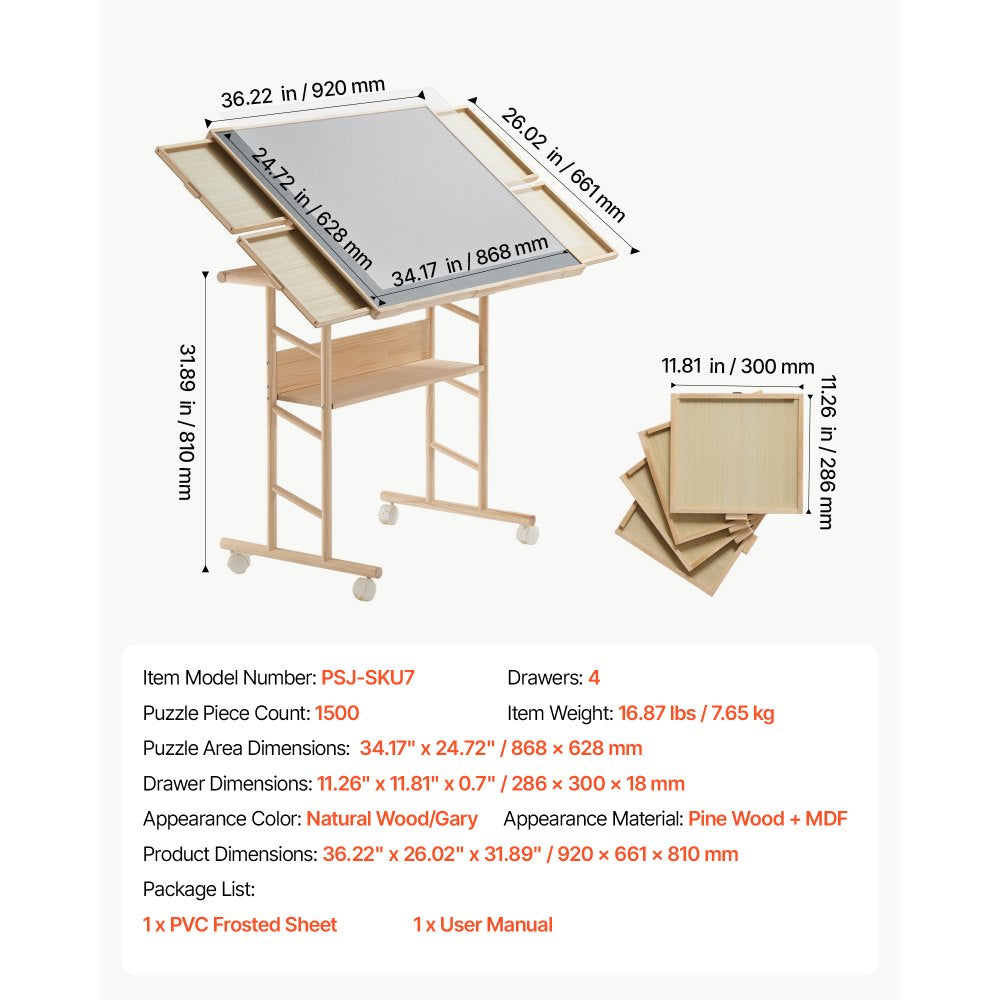 VEVOR 1500 Piece Puzzle Table with Legs, 4 Drawers, and Cover, 34x25 in, Gift for Mom, Portable Wooden Board, Felt Surface Puzzles Jigsaw Accessories for Adults, 0°-45° Tilting Storage Organizer