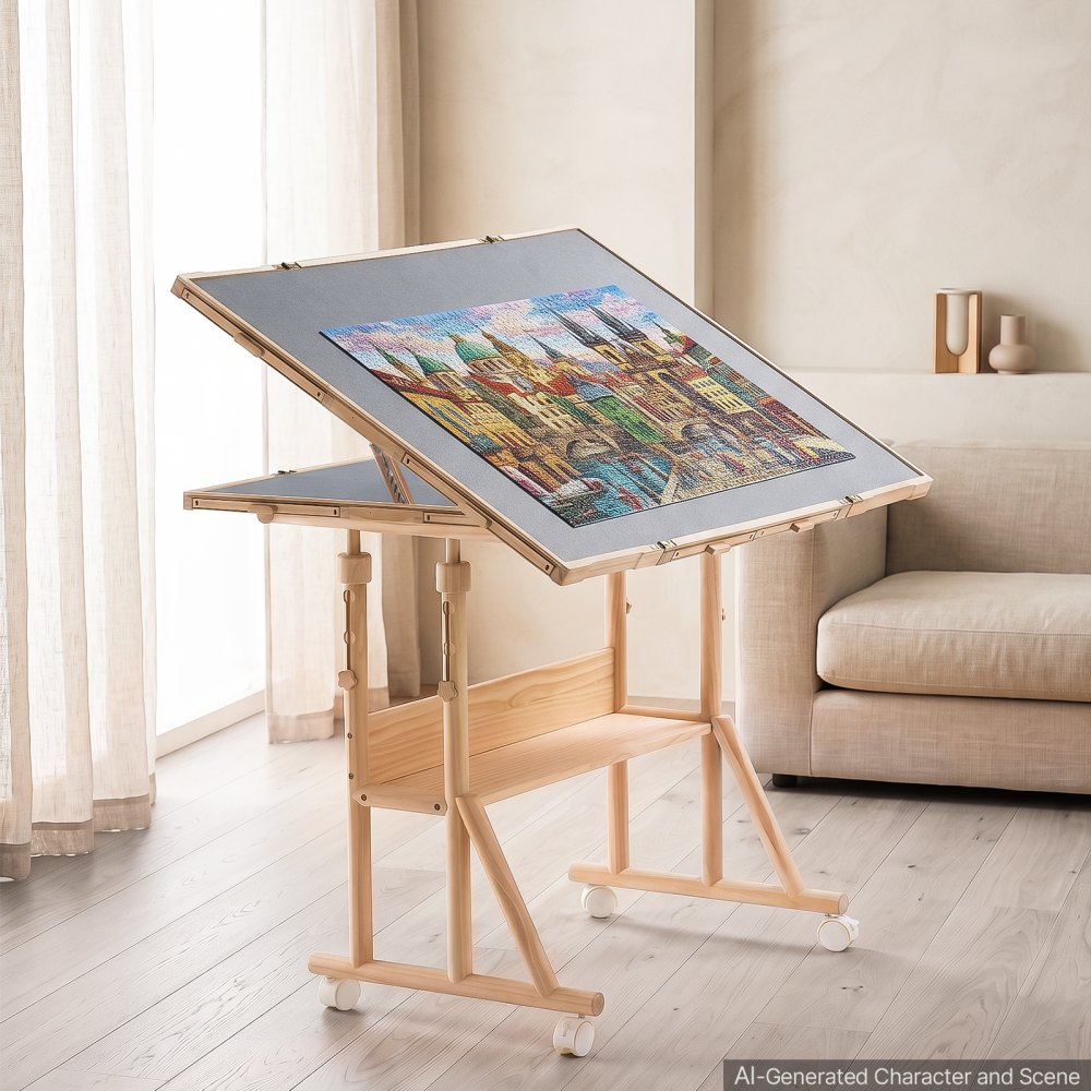 VEVOR 2000 Piece Rotating Puzzle Table with Legs Wheels 8 Drawers, 40x29 in, Colorful Felt Drawers, Portable Wooden Board, Felt Surface Jigsaw Puzzle Accessories, 5 Tilt Angles, Adjustable Height