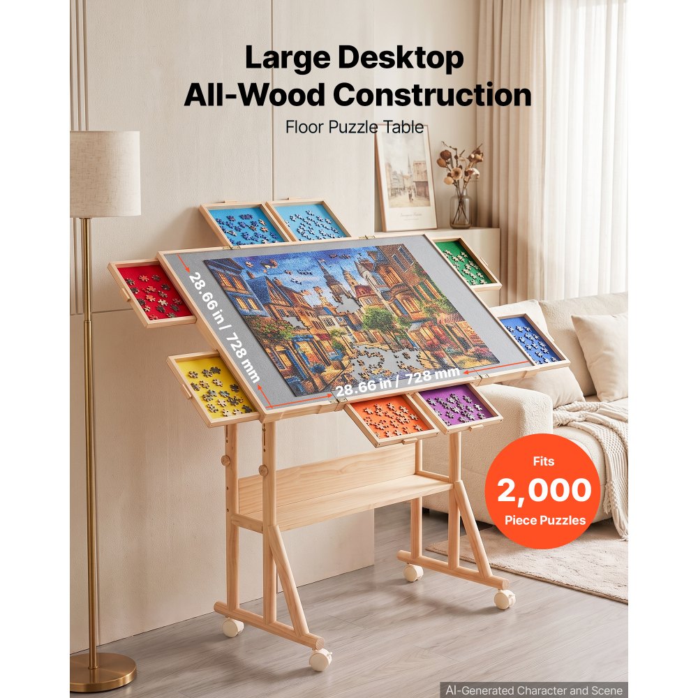 VEVOR 2000 Piece Rotating Puzzle Table with Legs Wheels 8 Drawers, 40x29 in, Colorful Felt Drawers, Portable Wooden Board, Felt Surface Jigsaw Puzzle Accessories, 5 Tilt Angles, Adjustable Height