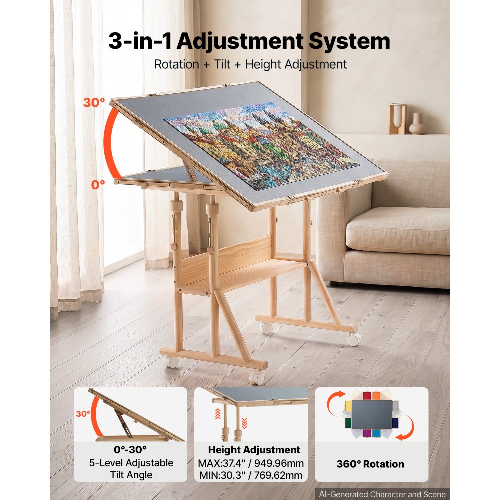 VEVOR 2000 Piece Rotating Puzzle Table with Legs Wheels 8 Drawers, 40x29 in, Colorful Felt Drawers, Portable Wooden Board, Felt Surface Jigsaw Puzzle Accessories, 5 Tilt Angles, Adjustable Height