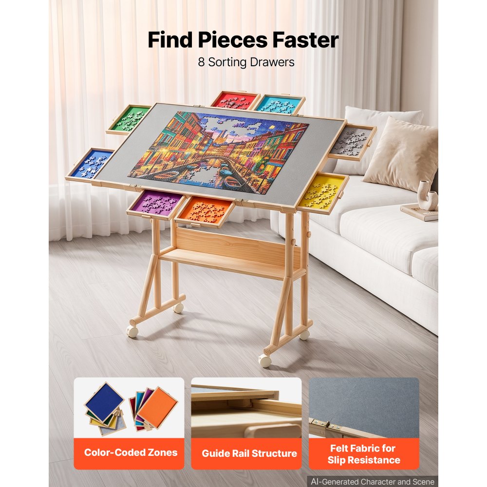 VEVOR 2000 Piece Rotating Puzzle Table with Legs Wheels 8 Drawers, 40x29 in, Colorful Felt Drawers, Portable Wooden Board, Felt Surface Jigsaw Puzzle Accessories, 5 Tilt Angles, Adjustable Height