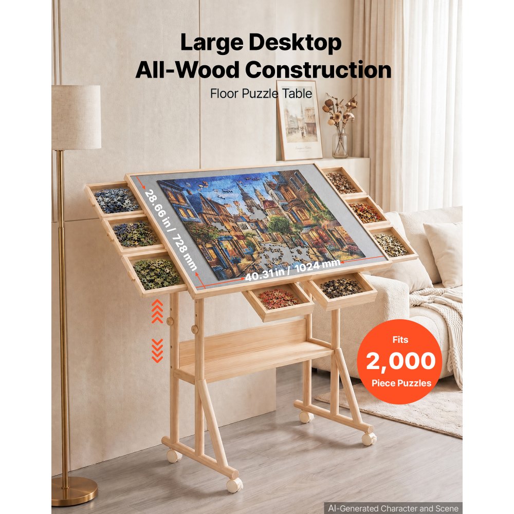 VEVOR 2000 Piece Puzzle Table with Legs, Wheels, 6 Drawers, Cover, 40x29 in, Gift for Mom, Portable Wooden Board, Felt Surface Jigsaw Puzzle Accessories for Adults, Adjustable Height Storage Organizer